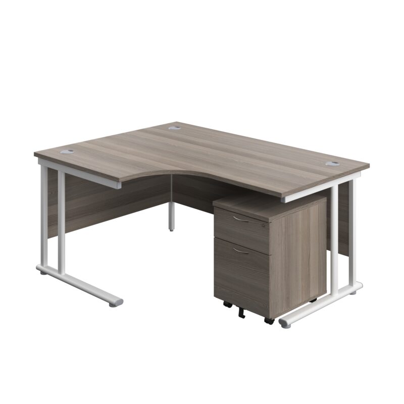 Twin Upright Left Hand Radial Desk + Mobile 2 Drawer Pedestal | 1600X1200 | Grey Oak/White