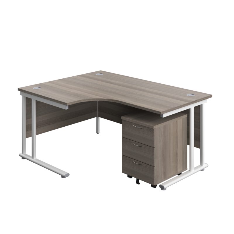 Twin Upright Left Hand Radial Desk + Mobile 3 Drawer Pedestal | 1600X1200 | Grey Oak/White