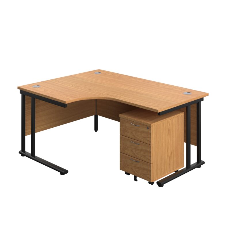 Twin Upright Left Hand Radial Desk + Mobile 3 Drawer Pedestal | 1600X1200 | Nova Oak/Black