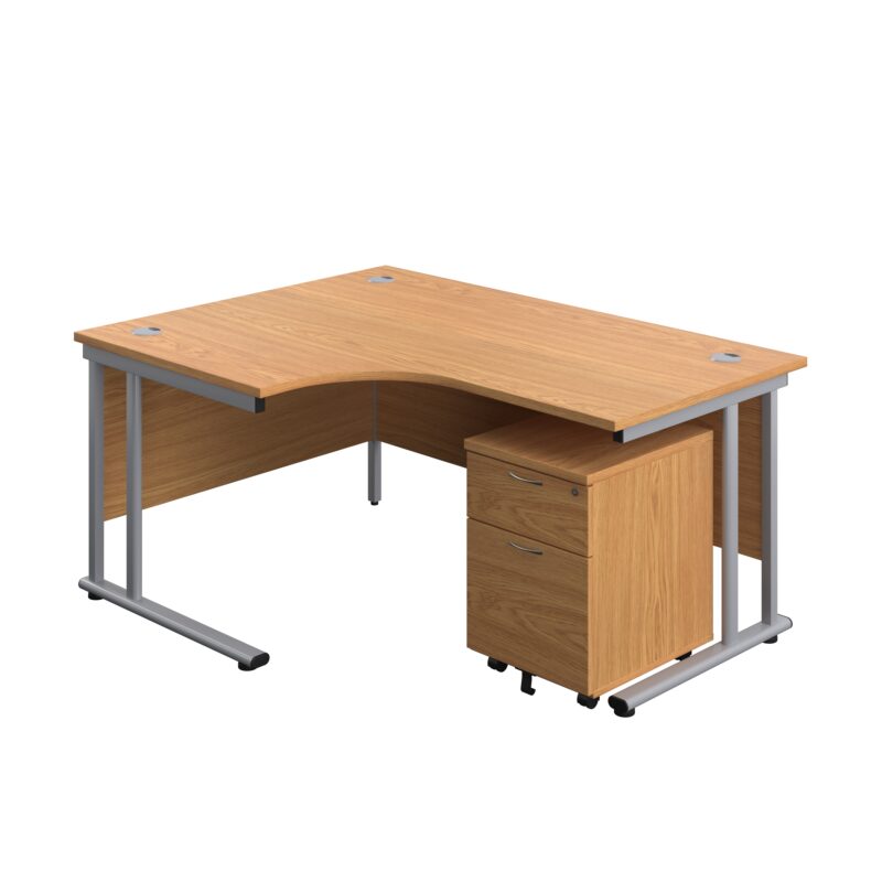 Twin Upright Left Hand Radial Desk + Mobile 2 Drawer Pedestal | 1600X1200 | Nova Oak/Silver