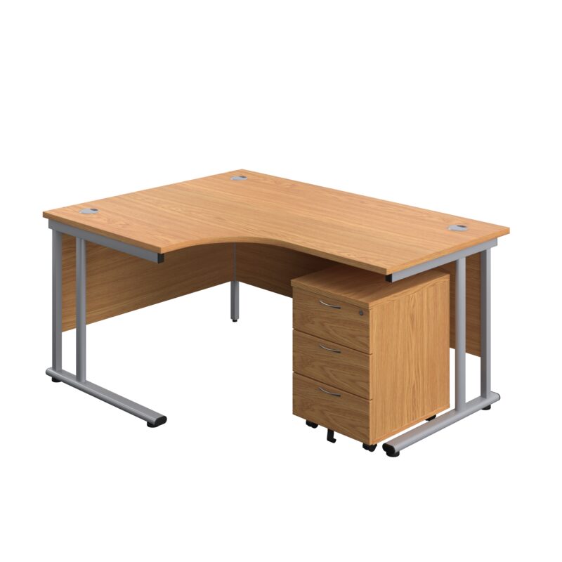 Twin Upright Left Hand Radial Desk + Mobile 3 Drawer Pedestal | 1600X1200 | Nova Oak/Silver