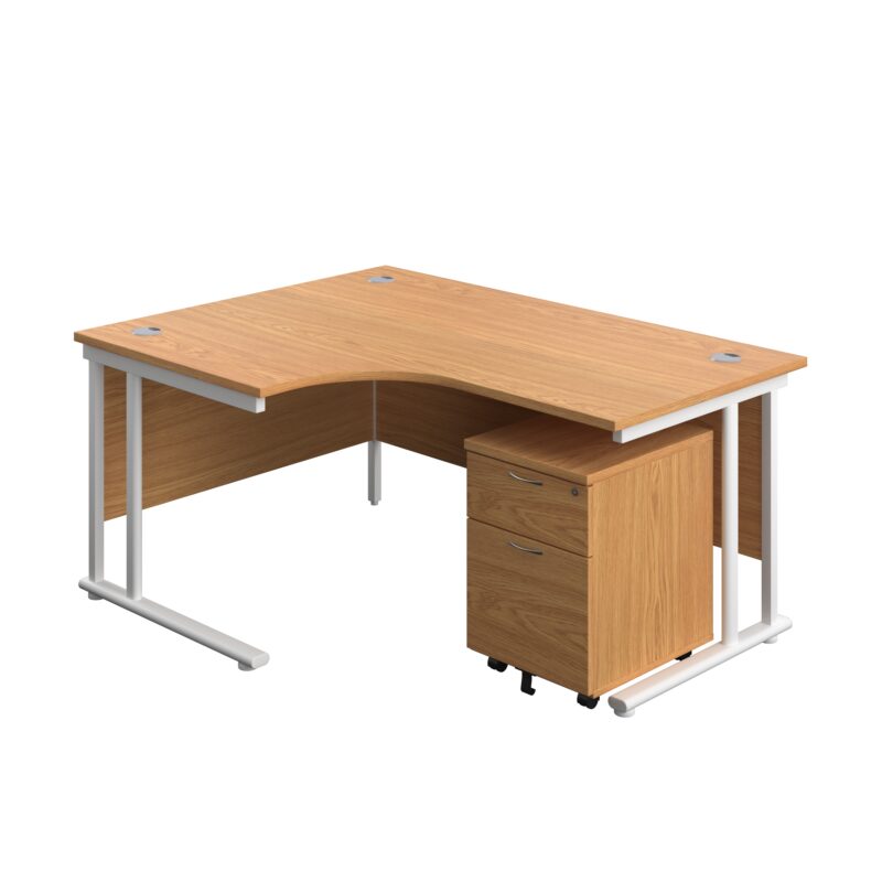 Twin Upright Left Hand Radial Desk + Mobile 2 Drawer Pedestal | 1600X1200 | Nova Oak/White