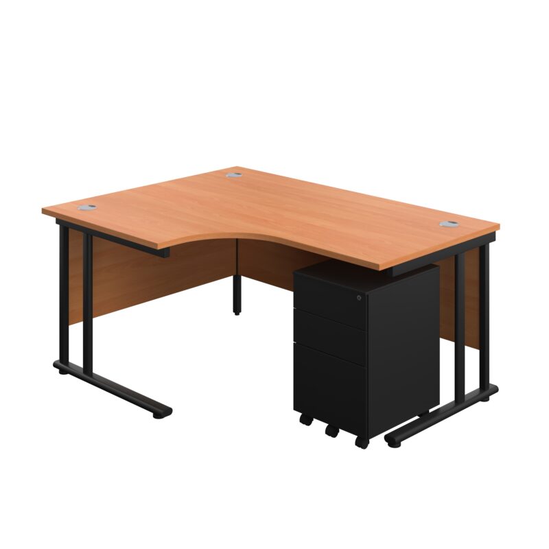 Twin Upright Left Hand Radial Desk + Under Desk Steel Pedestal 3 Drawers | 1600X1200 | Beech/Black