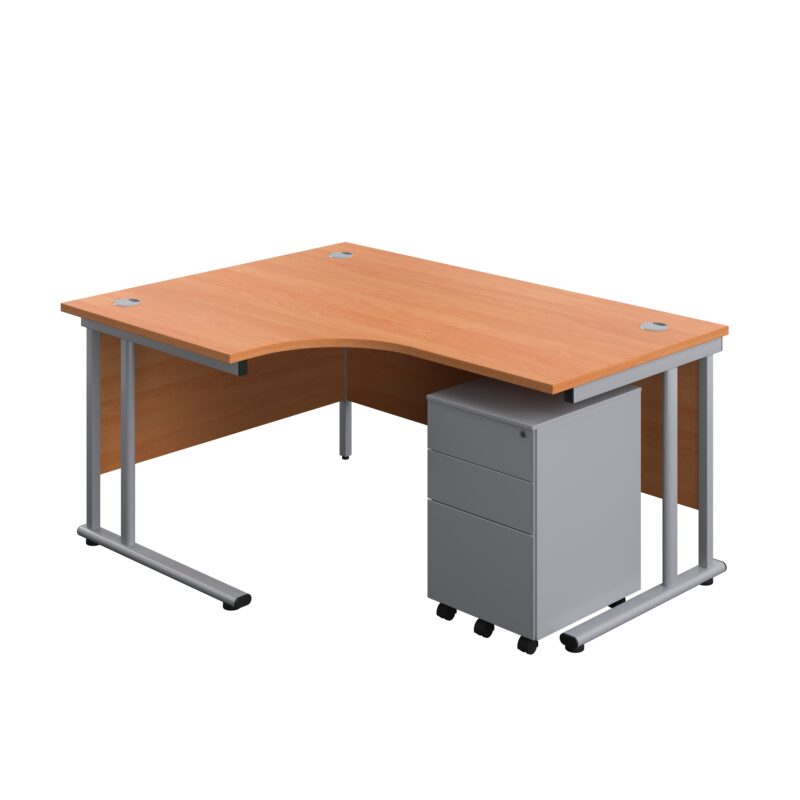 Twin Upright Left Hand Radial Desk + Under Desk Steel Pedestal 3 Drawers | 1600X1200 | Beech/Silver