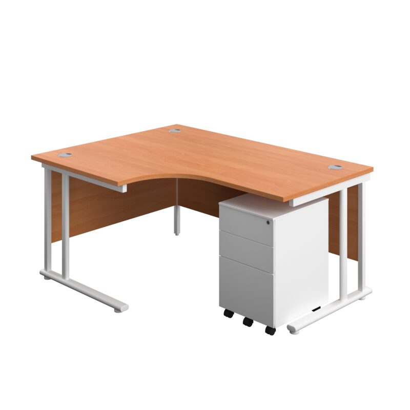 Twin Upright Left Hand Radial Desk + Under Desk Steel Pedestal 3 Drawers | 1600X1200 | Beech/White