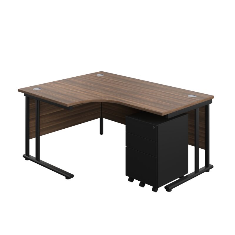 Twin Upright Left Hand Radial Desk + Under Desk Steel Pedestal 3 Drawers | 1600X1200 | Dark Walnut/Black