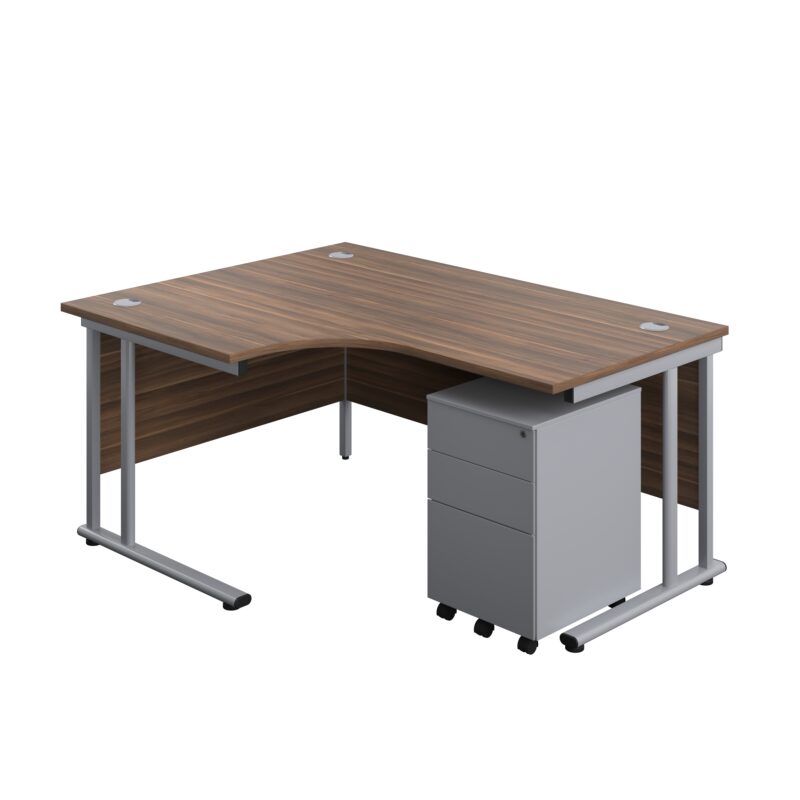 Twin Upright Left Hand Radial Desk + Under Desk Steel Pedestal 3 Drawers | 1600X1200 | Dark Walnut/Silver