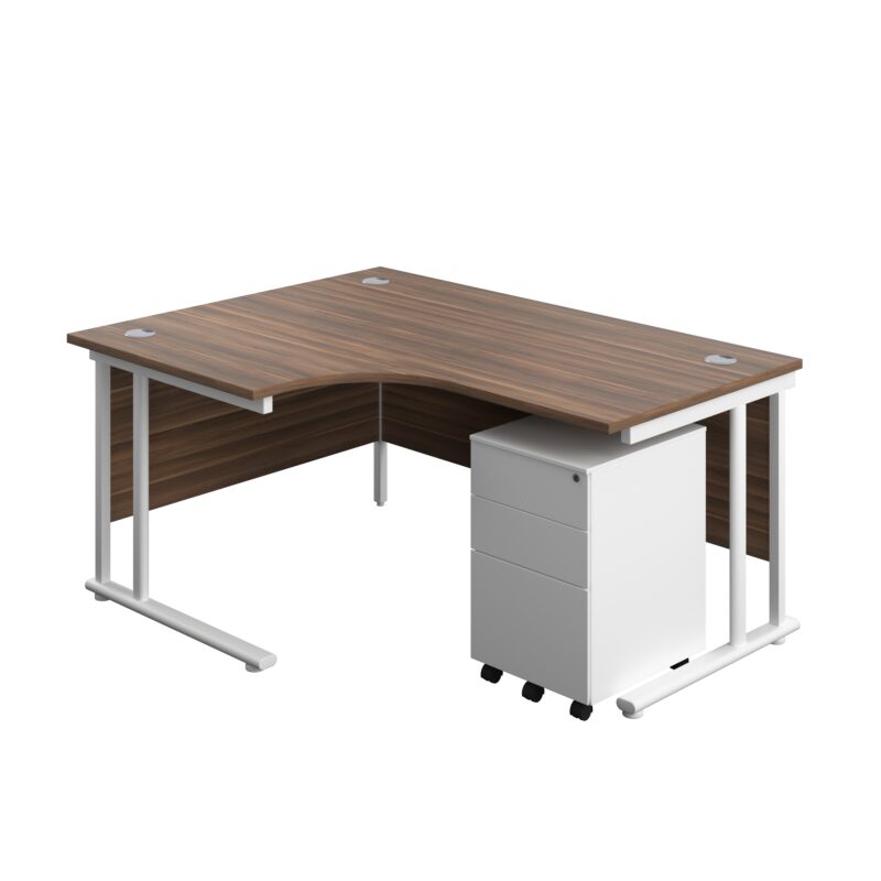 Twin Upright Left Hand Radial Desk + Under Desk Steel Pedestal 3 Drawers | 1600X1200 | Dark Walnut/White