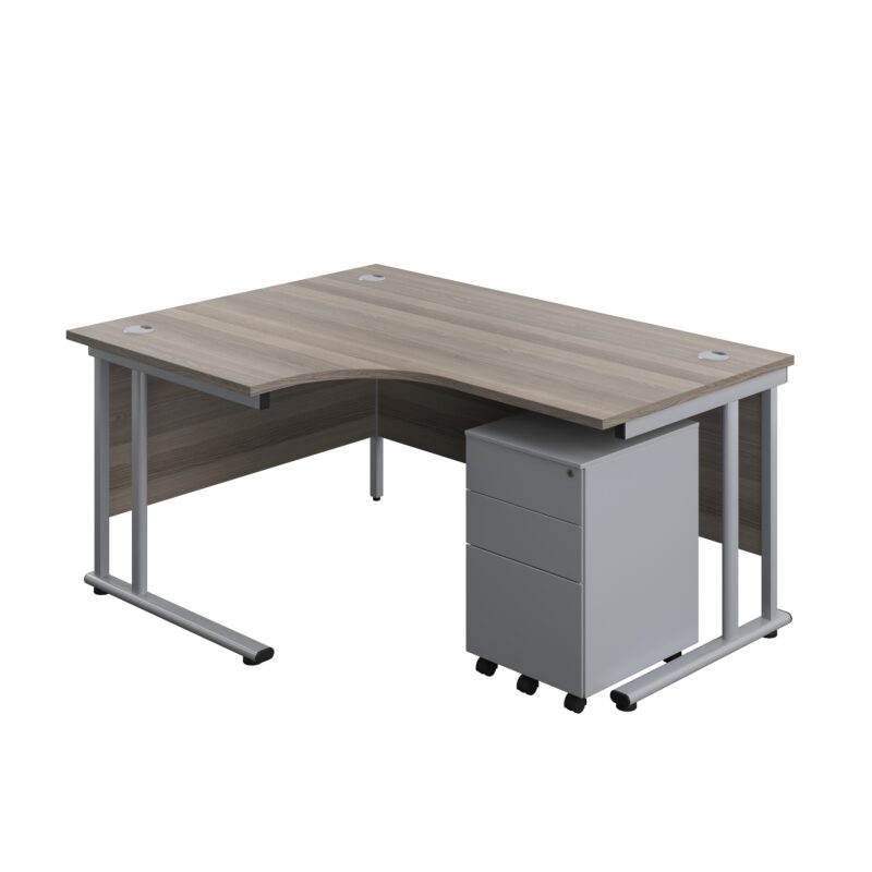 Twin Upright Left Hand Radial Desk + Under Desk Steel Pedestal 3 Drawers | 1600X1200 | Grey Oak/Silver