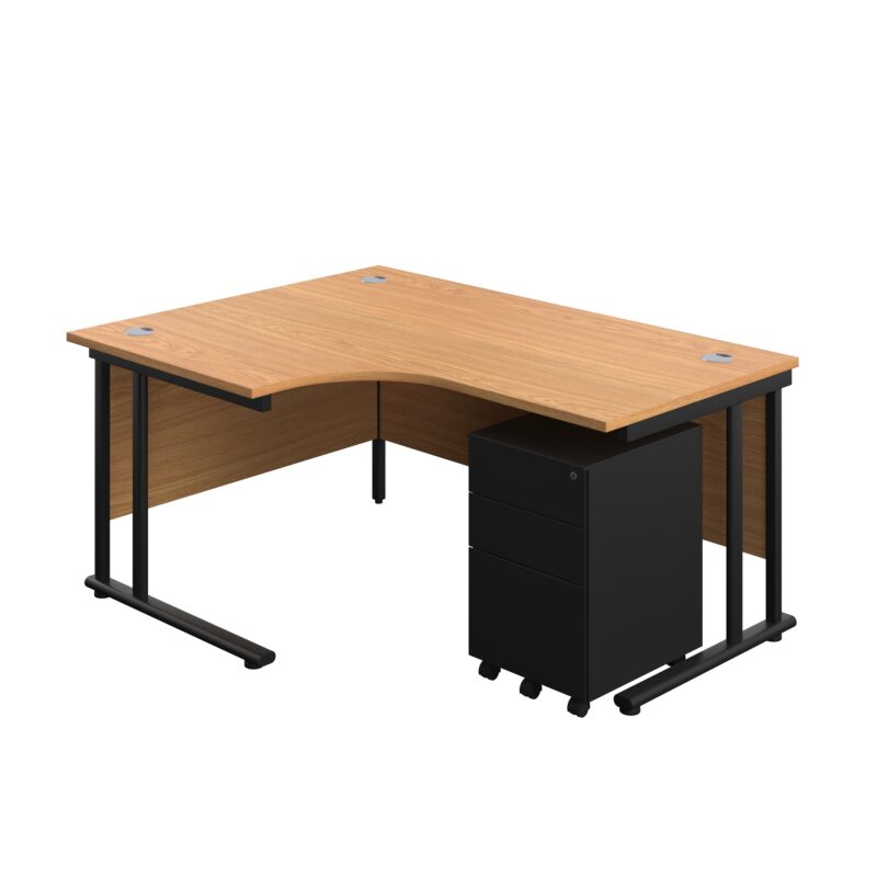 Twin Upright Left Hand Radial Desk + Under Desk Steel Pedestal 3 Drawers | 1600X1200 | Nova Oak/Black