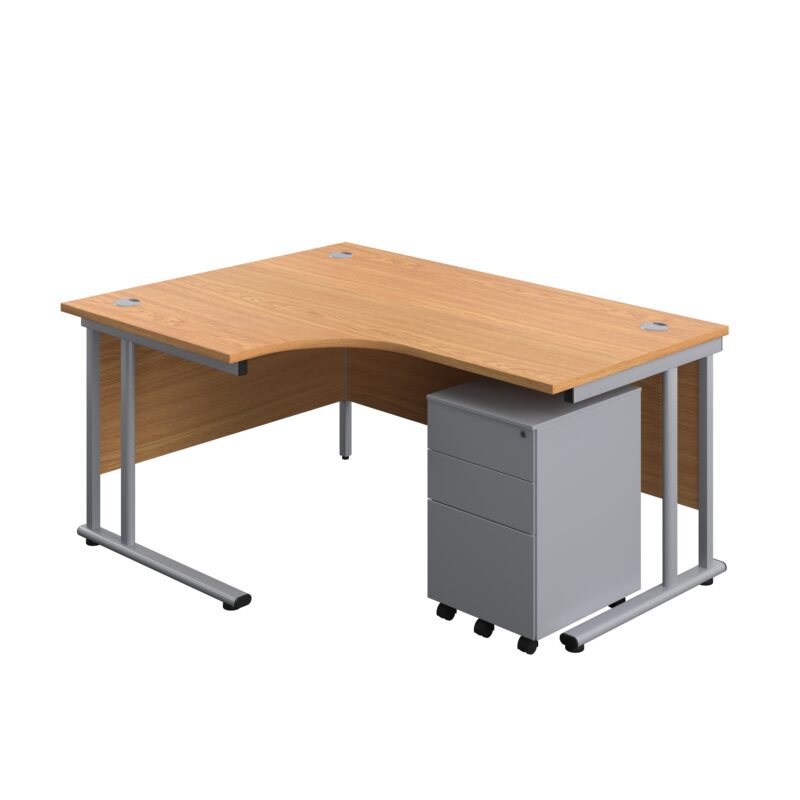 Twin Upright Left Hand Radial Desk + Under Desk Steel Pedestal 3 Drawers | 1600X1200 | Nova Oak/Silver