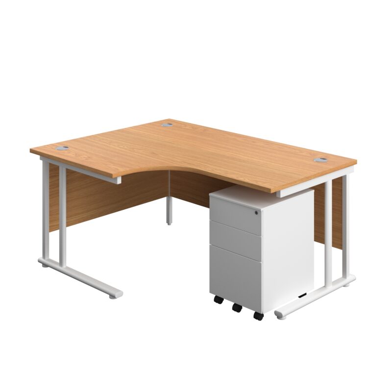 Twin Upright Left Hand Radial Desk + Under Desk Steel Pedestal 3 Drawers | 1600X1200 | Nova Oak/White