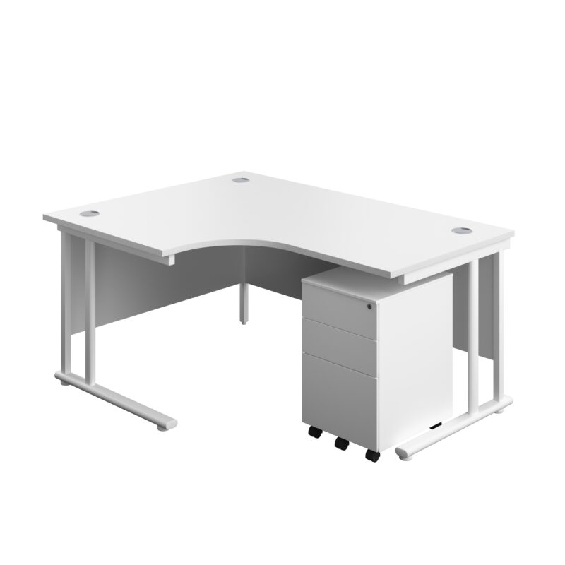 Twin Upright Left Hand Radial Desk + Under Desk Steel Pedestal 3 Drawers | 1600X1200 | White/White