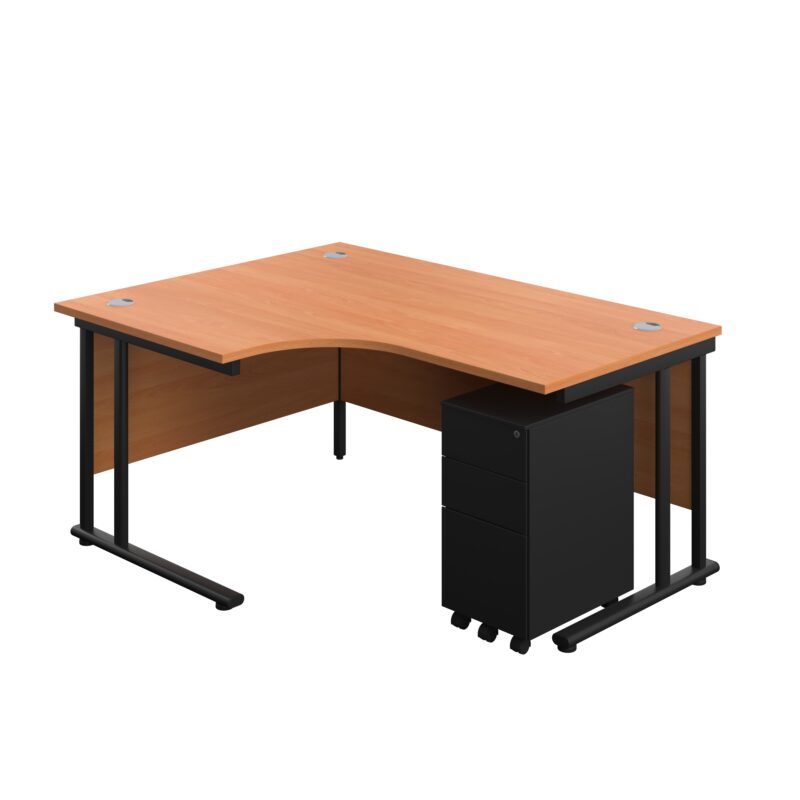 Twin Upright Left Hand Radial Desk + Slimline Steel Pedestal 3 Drawers | 1600X1200 | Beech/Black