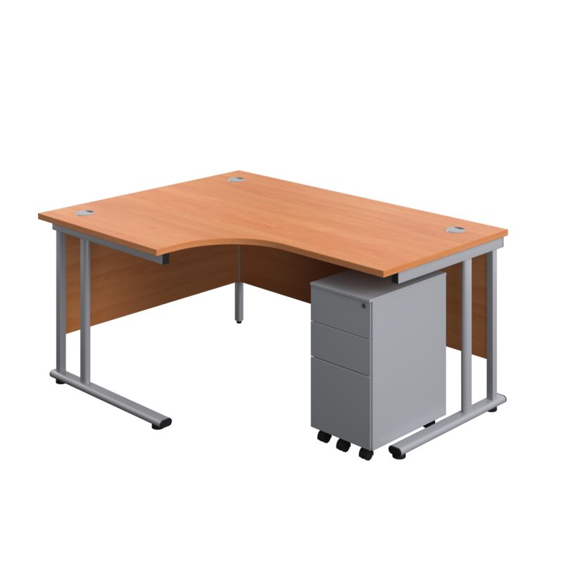 Twin Upright Left Hand Radial Desk + Slimline Steel Pedestal 3 Drawers | 1600X1200 | Beech/Silver