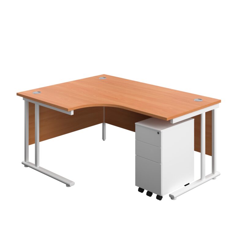 Twin Upright Left Hand Radial Desk + Slimline Steel Pedestal 3 Drawers | 1600X1200 | Beech/White