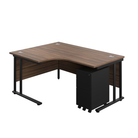 Twin Upright Left Hand Radial Desk + Slimline Steel Pedestal 3 Drawers | 1600X1200 | Dark Walnut/Black