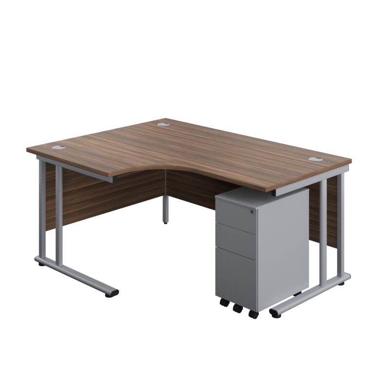 Twin Upright Left Hand Radial Desk + Slimline Steel Pedestal 3 Drawers | 1600X1200 | Dark Walnut/Silver