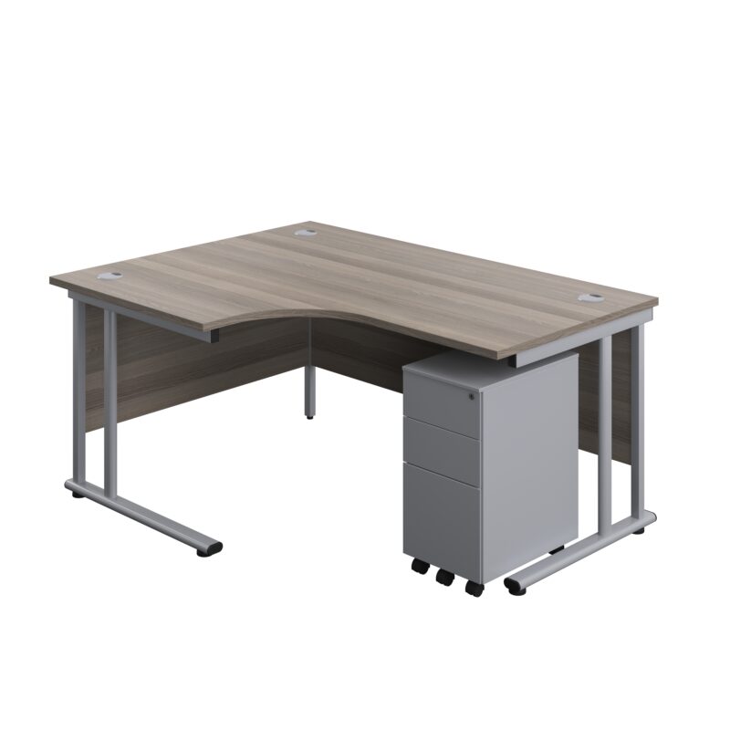 Twin Upright Left Hand Radial Desk + Slimline Steel Pedestal 3 Drawers | 1600X1200 | Grey Oak/Silver