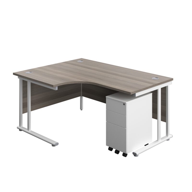 Twin Upright Left Hand Radial Desk + Slimline Steel Pedestal 3 Drawers | 1600X1200 | Grey Oak/White