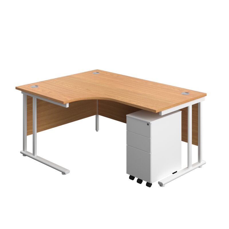 Twin Upright Left Hand Radial Desk + Slimline Steel Pedestal 3 Drawers | 1600X1200 | Nova Oak/White