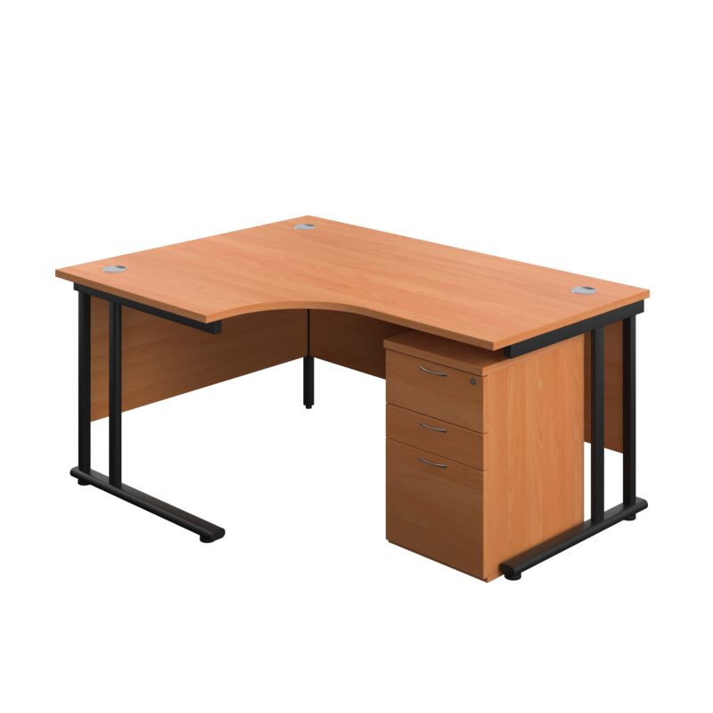 Twin Upright Left Hand Radial Desk + High Mobile Pedestal 3 Drawer | 1600X1200 | Beech/Black