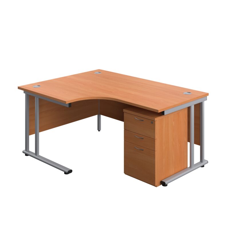 Twin Upright Left Hand Radial Desk + High Mobile Pedestal 3 Drawer | 1600X1200 | Beech/Silver