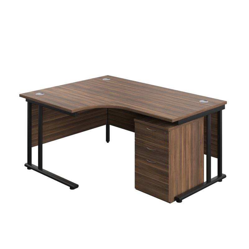 Twin Upright Left Hand Radial Desk + High Mobile Pedestal 3 Drawer | 1600X1200 | Dark Walnut/Black