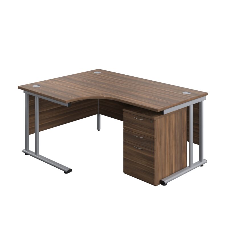 Twin Upright Left Hand Radial Desk + High Mobile Pedestal 3 Drawer | 1600X1200 | Dark Walnut/Silver