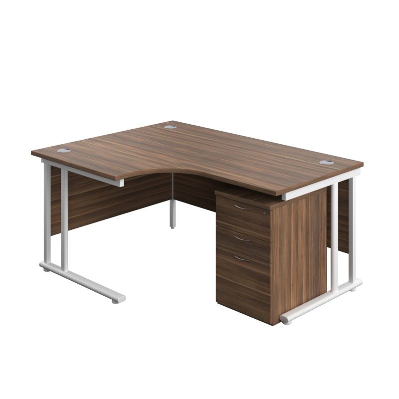 Twin Upright Left Hand Radial Desk + High Mobile Pedestal 3 Drawer | 1600X1200 | Dark Walnut/White