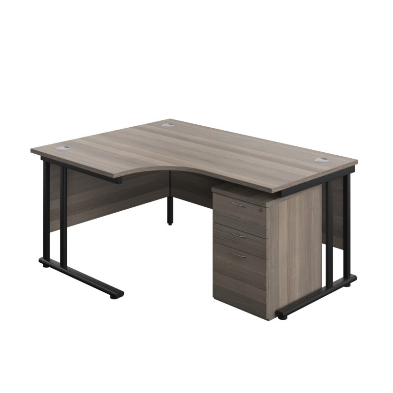 Twin Upright Left Hand Radial Desk + High Mobile Pedestal 3 Drawer | 1600X1200 | Grey Oak/Black