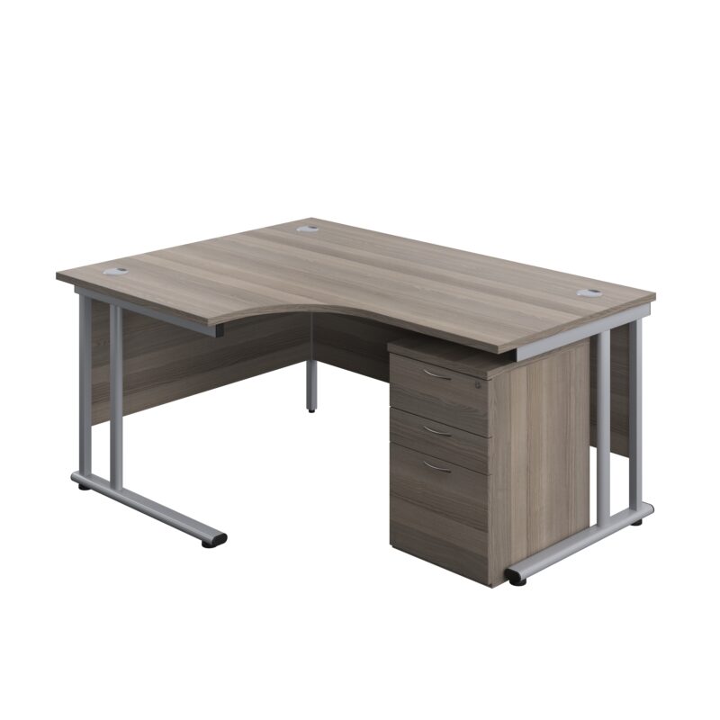 Twin Upright Left Hand Radial Desk + High Mobile Pedestal 3 Drawer | 1600X1200 | Grey Oak/Silver