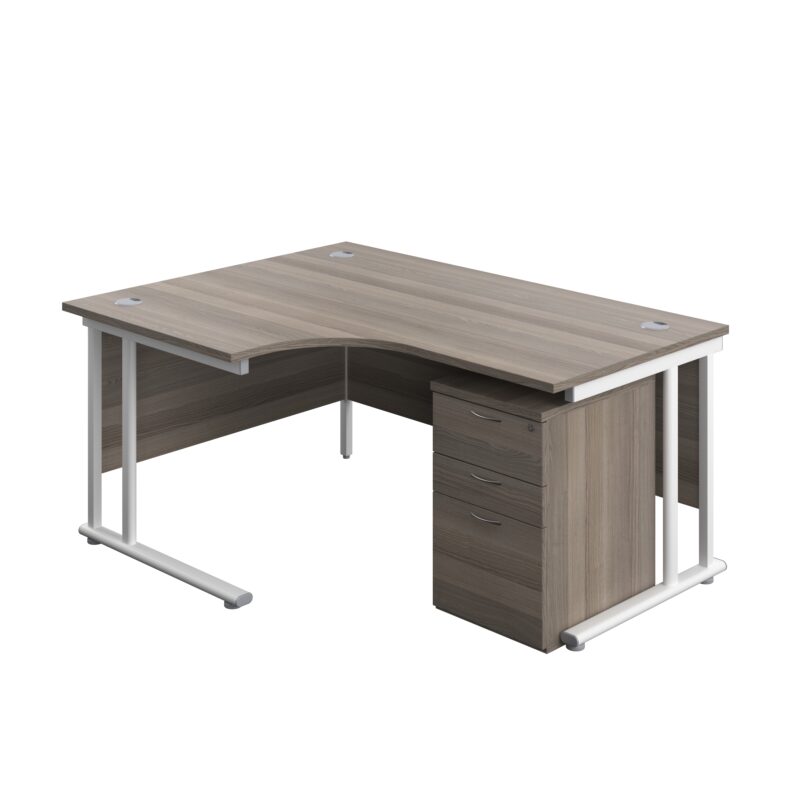 Twin Upright Left Hand Radial Desk + High Mobile Pedestal 3 Drawer | 1600X1200 | Grey Oak/White