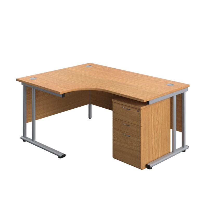 Twin Upright Left Hand Radial Desk + High Mobile Pedestal 3 Drawer | 1600X1200 | Nova Oak/Silver