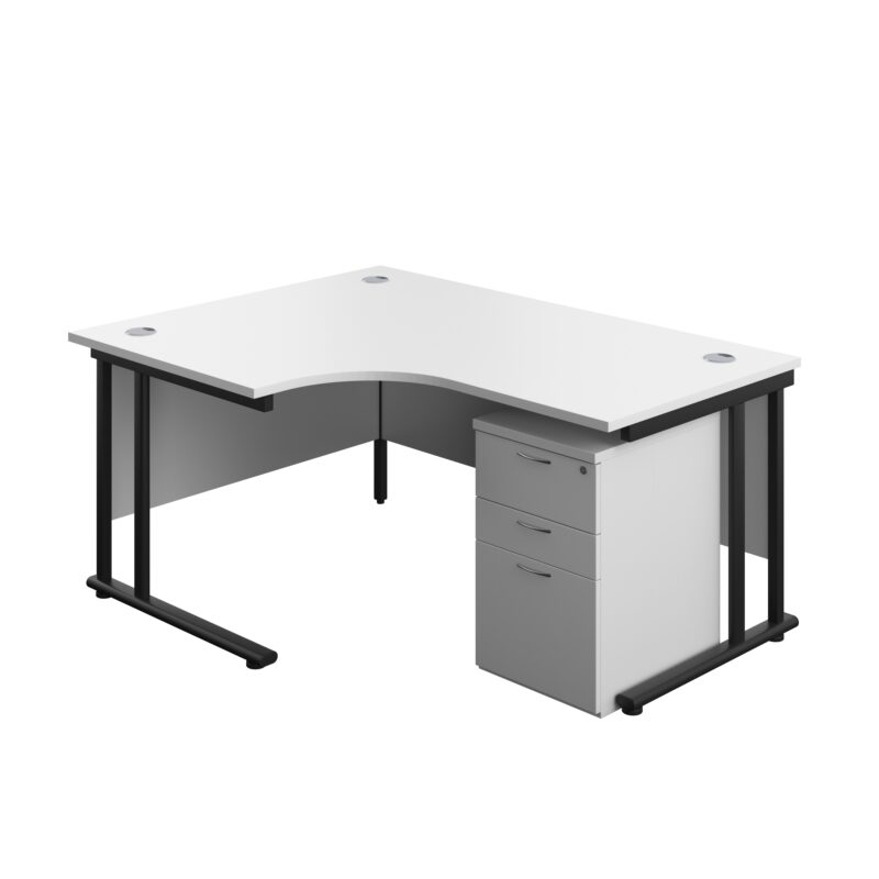 Twin Upright Left Hand Radial Desk + High Mobile Pedestal 3 Drawer | 1600X1200 | White/Black