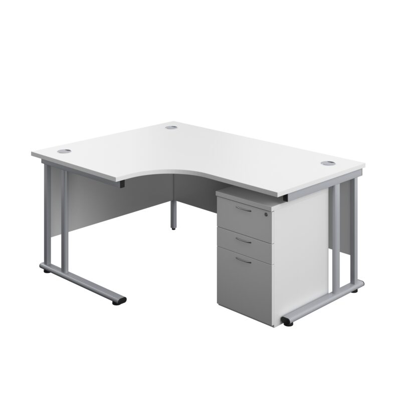 Twin Upright Left Hand Radial Desk + High Mobile Pedestal 3 Drawer | 1600X1200 | White/Silver