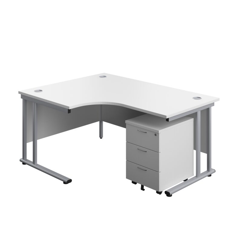 Twin Upright Left Hand Radial Desk + Mobile 3 Drawer Pedestal | 1600X1200 | White/Silver