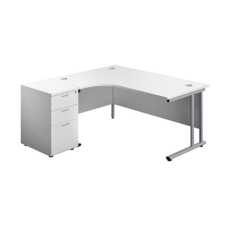 Twin Upright Left Hand Radial Desk + Desk High 3 Drawer Pedestal | 1600X1200 | 600mm Deep Pedestal | White/Silver