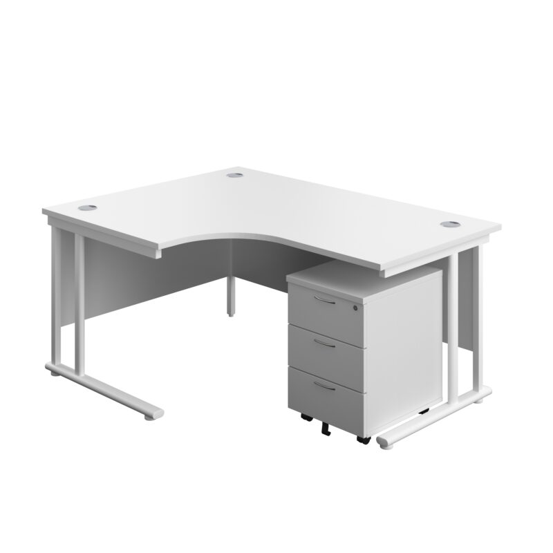 Twin Upright Left Hand Radial Desk + Mobile 3 Drawer Pedestal | 1600X1200 | White/White