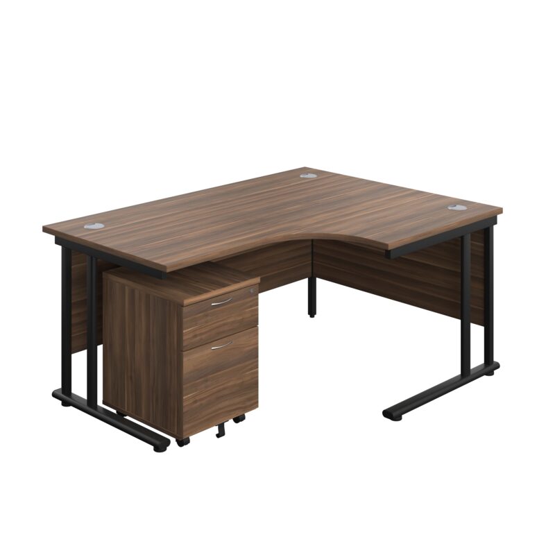 Twin Upright Right Hand Radial Desk + Mobile 2 Drawer Pedestal | 1600X1200 | Dark Walnut/Black