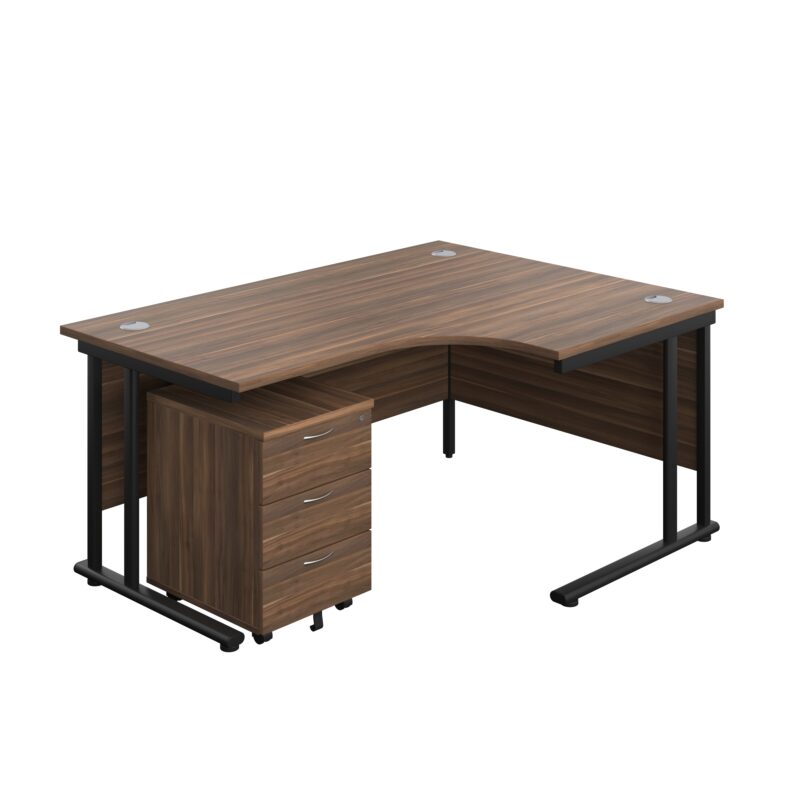 Twin Upright Right Hand Radial Desk + Mobile 3 Drawer Pedestal | 1600X1200 | Dark Walnut/Black