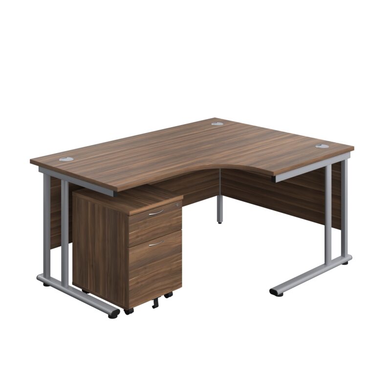 Twin Upright Right Hand Radial Desk + Mobile 2 Drawer Pedestal | 1600X1200 | Dark Walnut/Silver