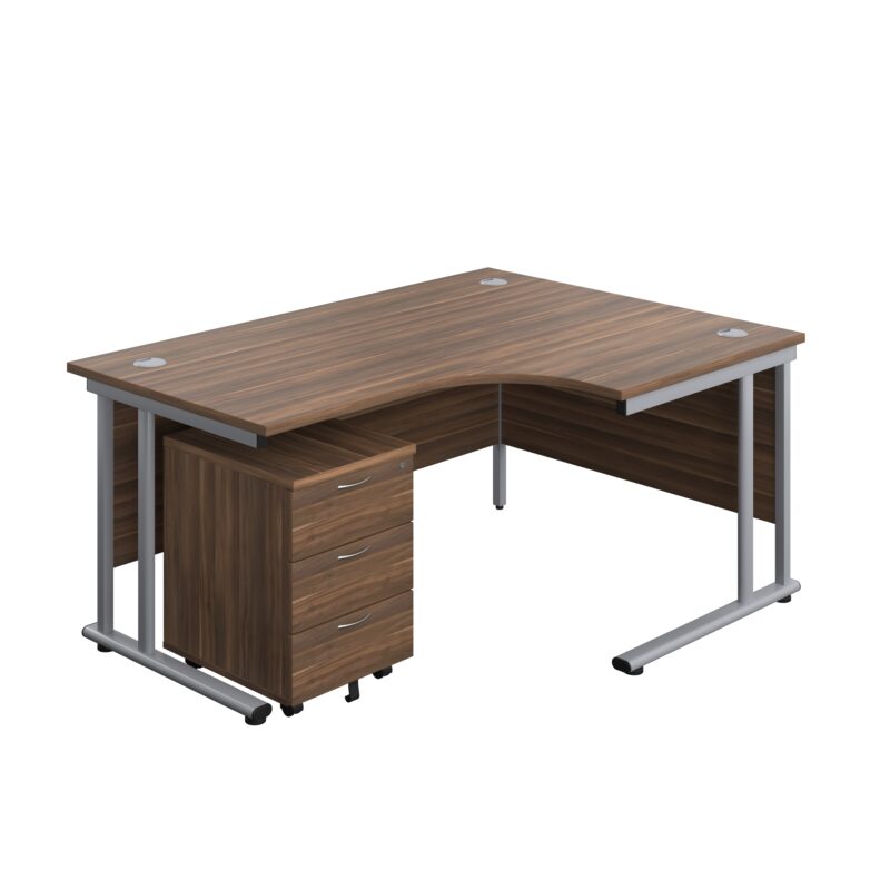 Twin Upright Right Hand Radial Desk + Mobile 3 Drawer Pedestal | 1600X1200 | Dark Walnut/Silver