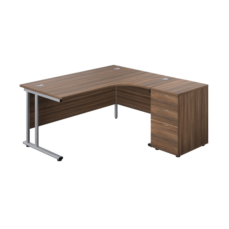 Twin Upright Right Hand Radial Desk + Desk High 3 Drawer Pedestal | 1600X1200 | 600mm Deep Pedestal | Dark Walnut/Silver