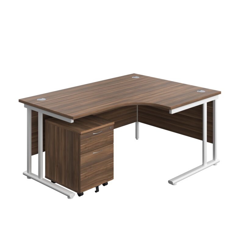 Twin Upright Right Hand Radial Desk + Mobile 2 Drawer Pedestal | 1600X1200 | Dark Walnut/White