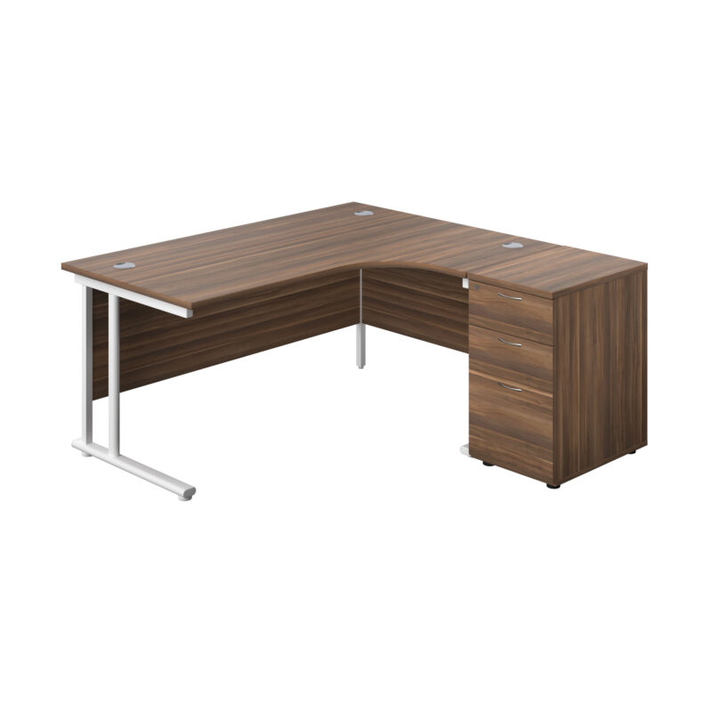 Twin Upright Right Hand Radial Desk + Desk High 3 Drawer Pedestal | 1600X1200 | 600mm Deep Pedestal | Dark Walnut/White