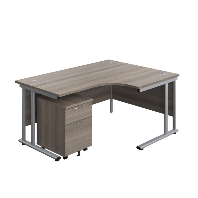 Twin Upright Right Hand Radial Desk + Mobile 2 Drawer Pedestal | 1600X1200 | Grey Oak/Silver