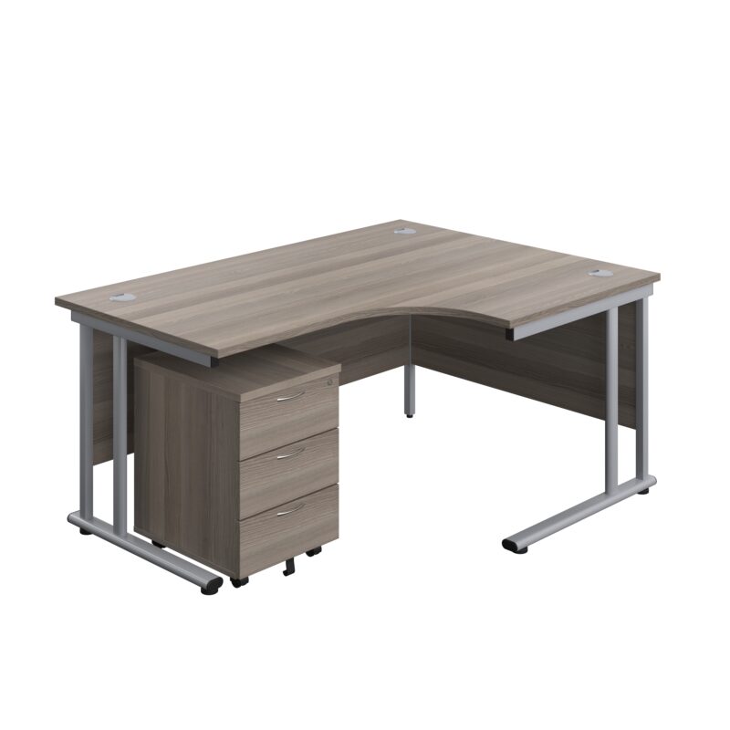 Twin Upright Right Hand Radial Desk + Mobile 3 Drawer Pedestal | 1600X1200 | Grey Oak/Silver