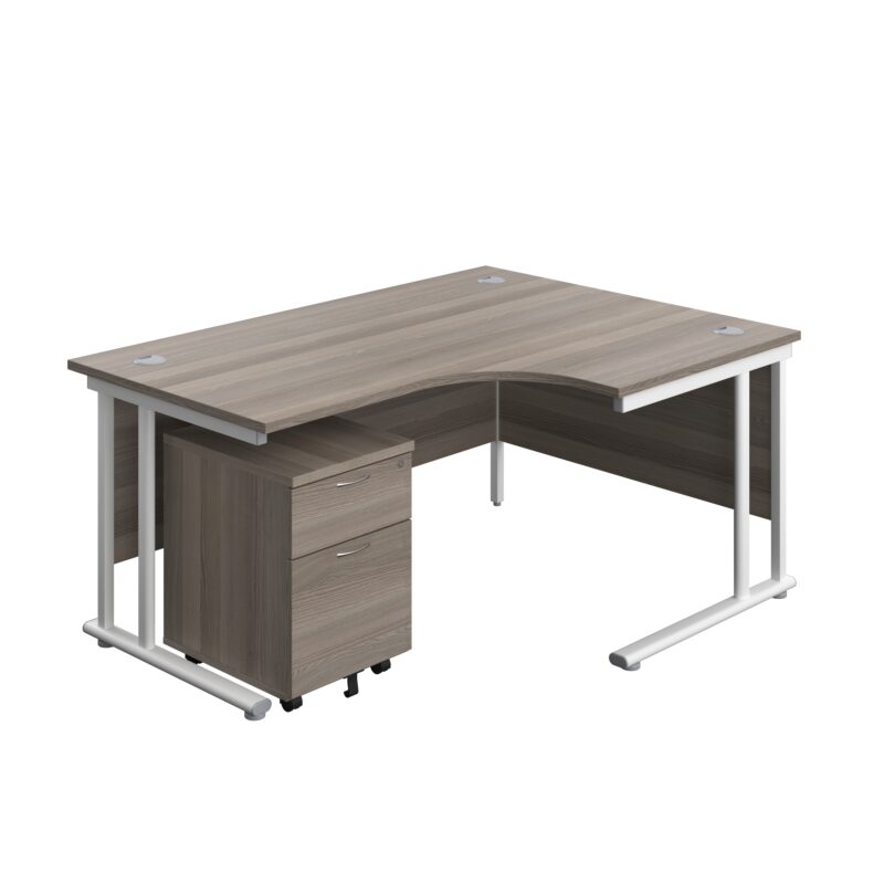 Twin Upright Right Hand Radial Desk + Mobile 2 Drawer Pedestal | 1600X1200 | Grey Oak/White