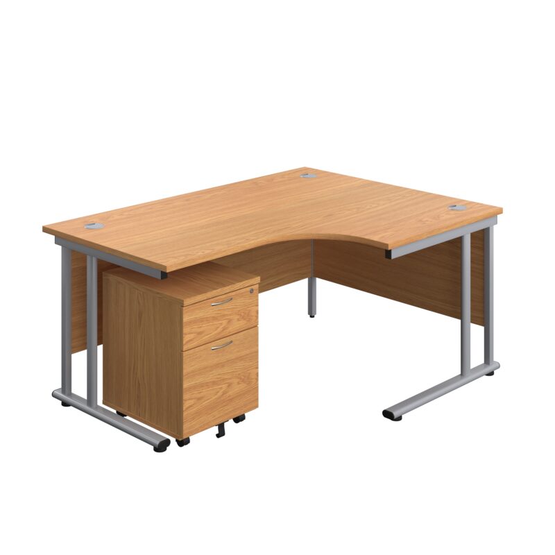 Twin Upright Right Hand Radial Desk + Mobile 2 Drawer Pedestal | 1600X1200 | Nova Oak/Silver